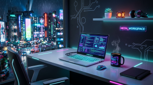 Laptop with code on screen on a neon-lit desk beside mouse and coffee mug labeled 'Night City Crew'