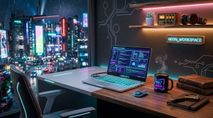 Laptop with code on screen on a neon-lit desk beside mouse and coffee mug labeled 'Night City Crew'