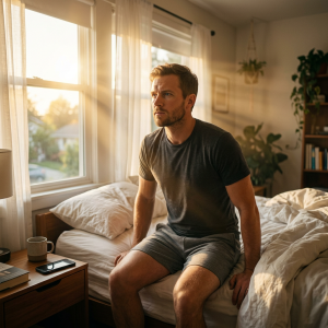 Man sitting on bed looking out window during morning sunlight