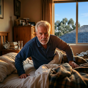 Older man sitting up in bed with sunrise and city skyline visible through window